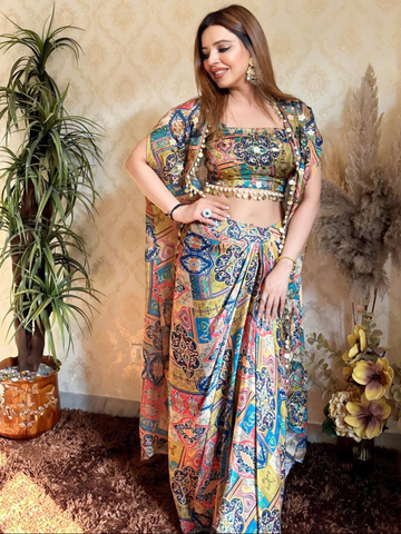Printed Cape Set Paired With A Drape Skirt