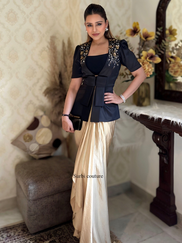 3D Embroidered jacket teamed up with a draped skirt