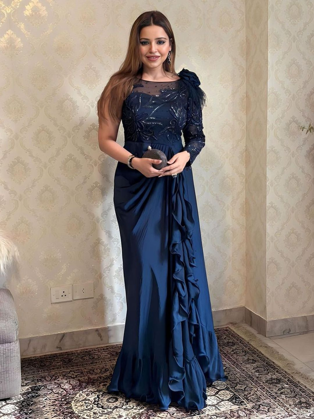 One Shoulder Hand Embroidered Drape Gown