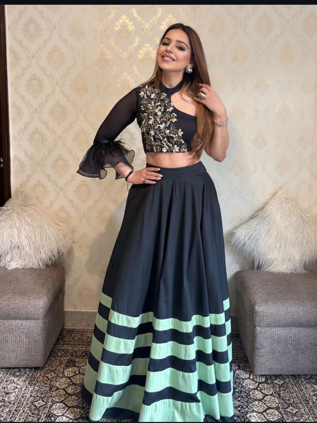 Cut Out Hand Embroidered Blouse And Lehenga