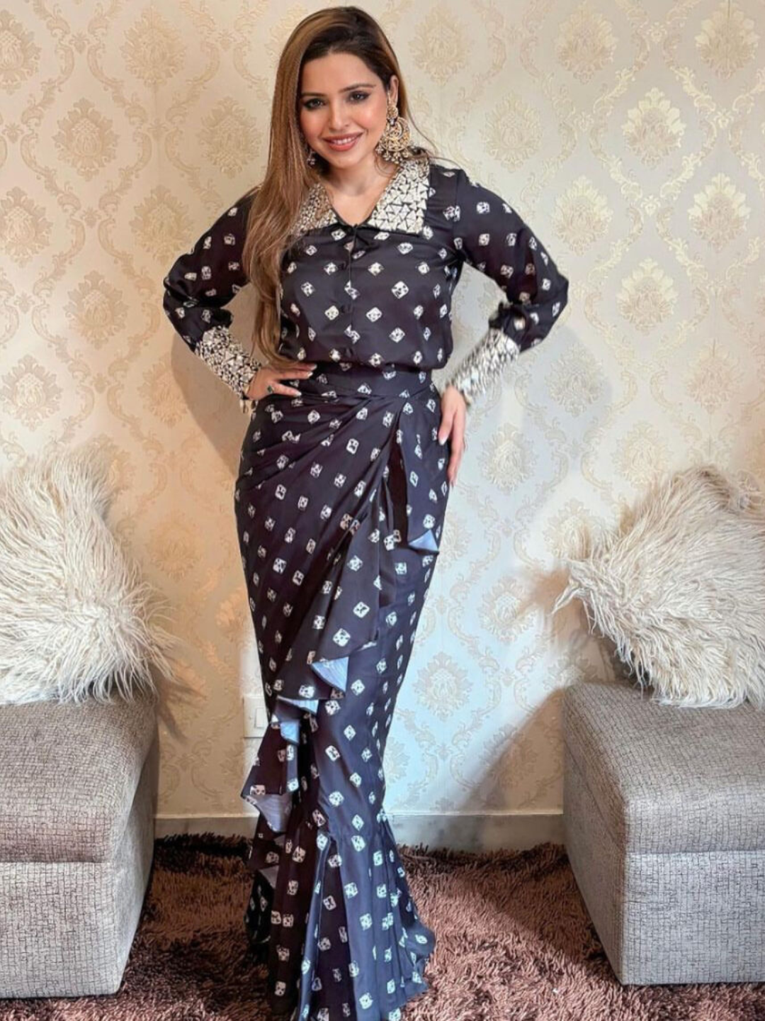 Printed Shirt And Drape Skirt Set