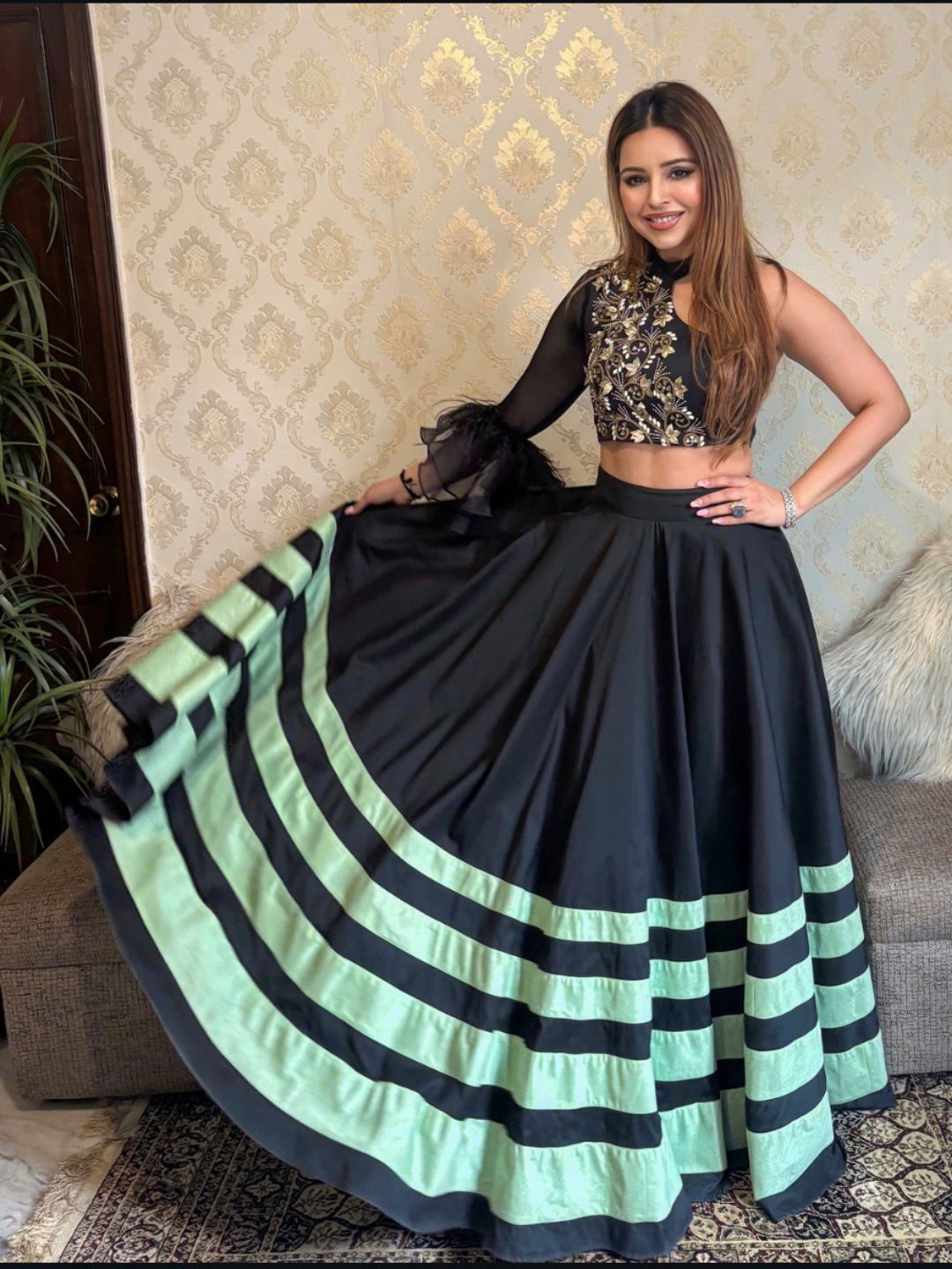 Cut Out Hand Embroidered Blouse And Lehenga