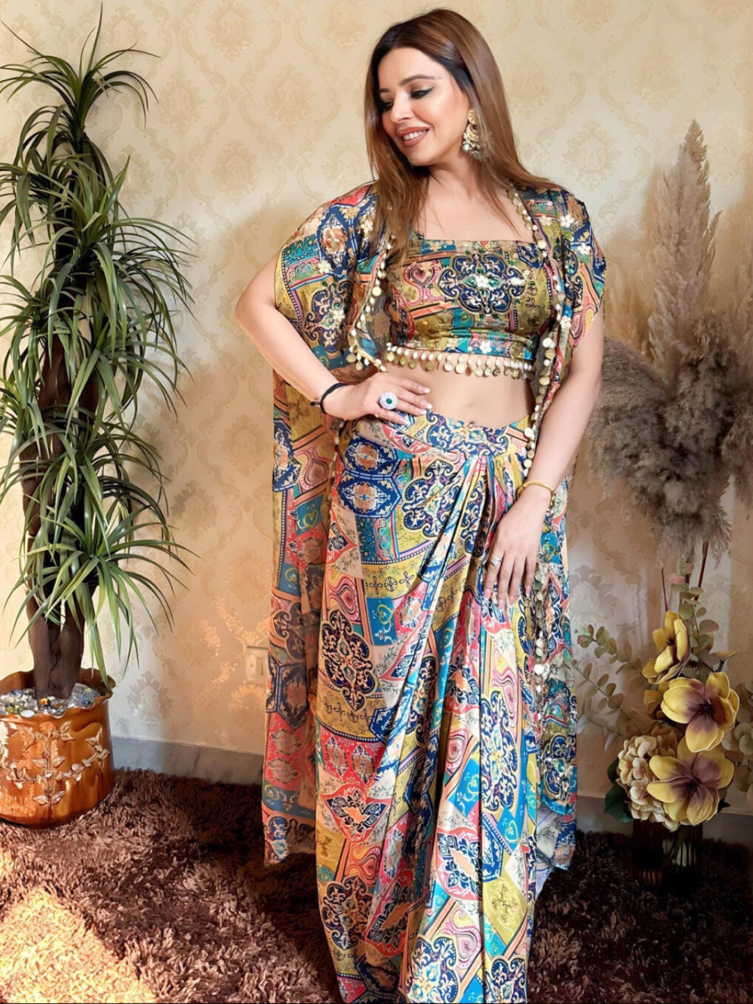 Printed Cape Set Paired With A Drape Skirt