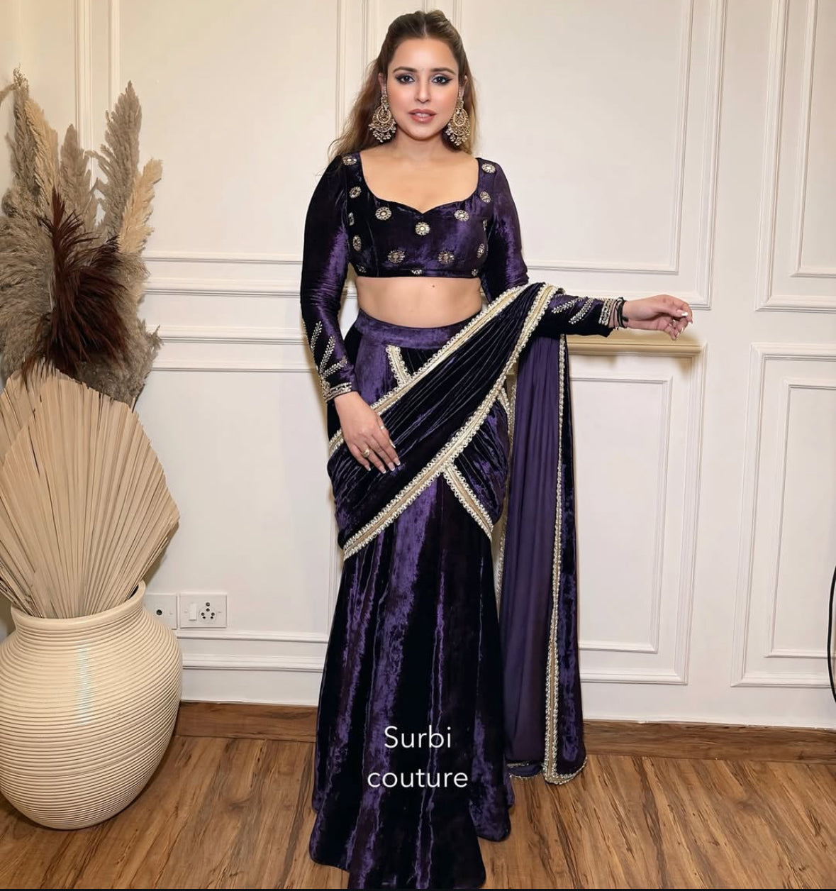 Hand Embroidered Blouse Paired With A Pre Draped Lehenga Saree