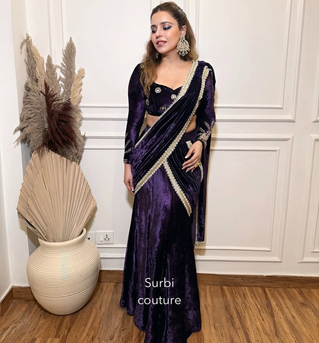 Hand Embroidered Blouse Paired With A Pre Draped Lehenga Saree