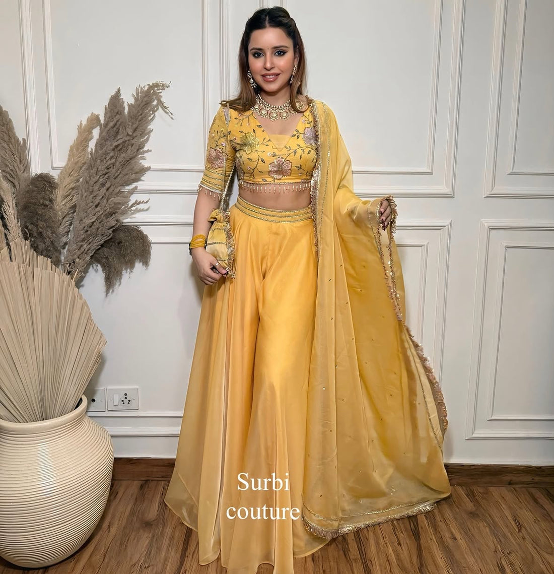 Hand Embroidered Blouse Paired With Organza Sharara Set