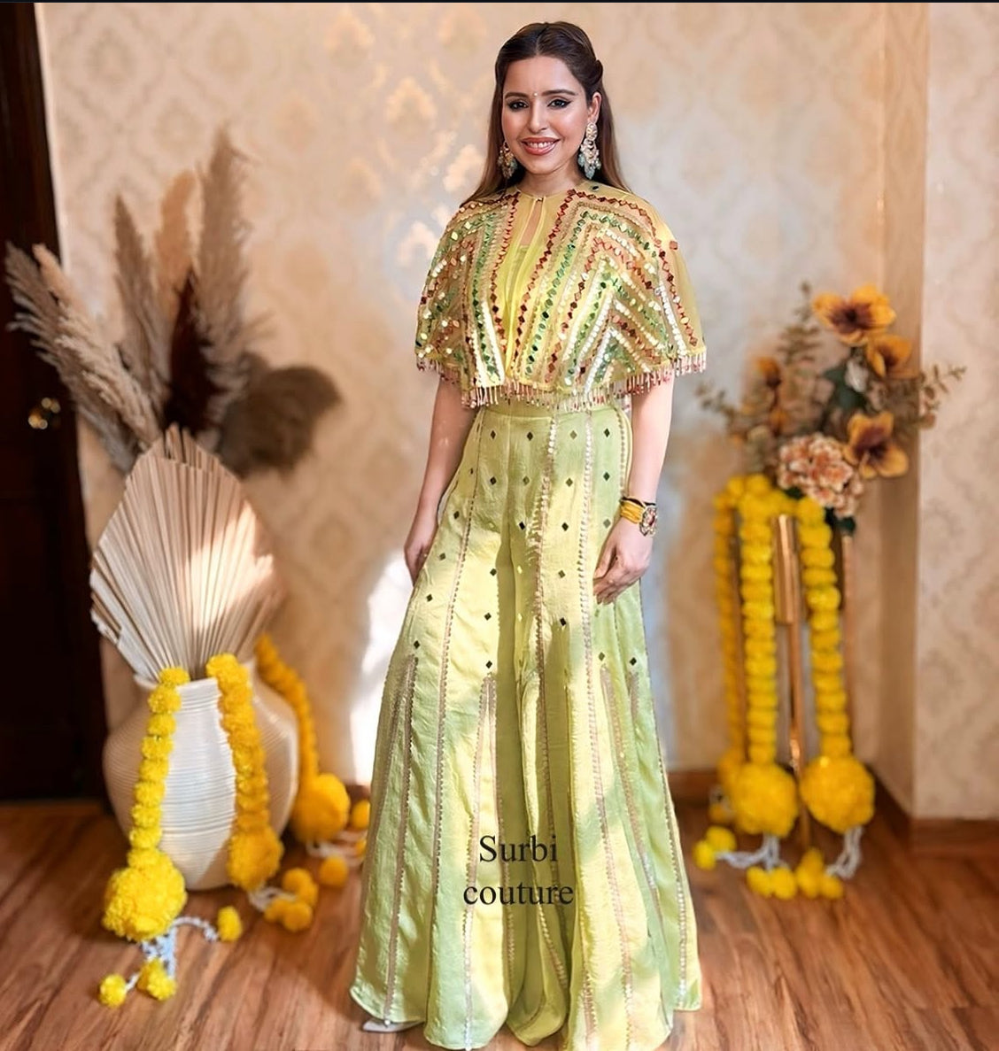 Hand Embroidered Mirror Work Cape And Blouse Paired With Sharara Pants