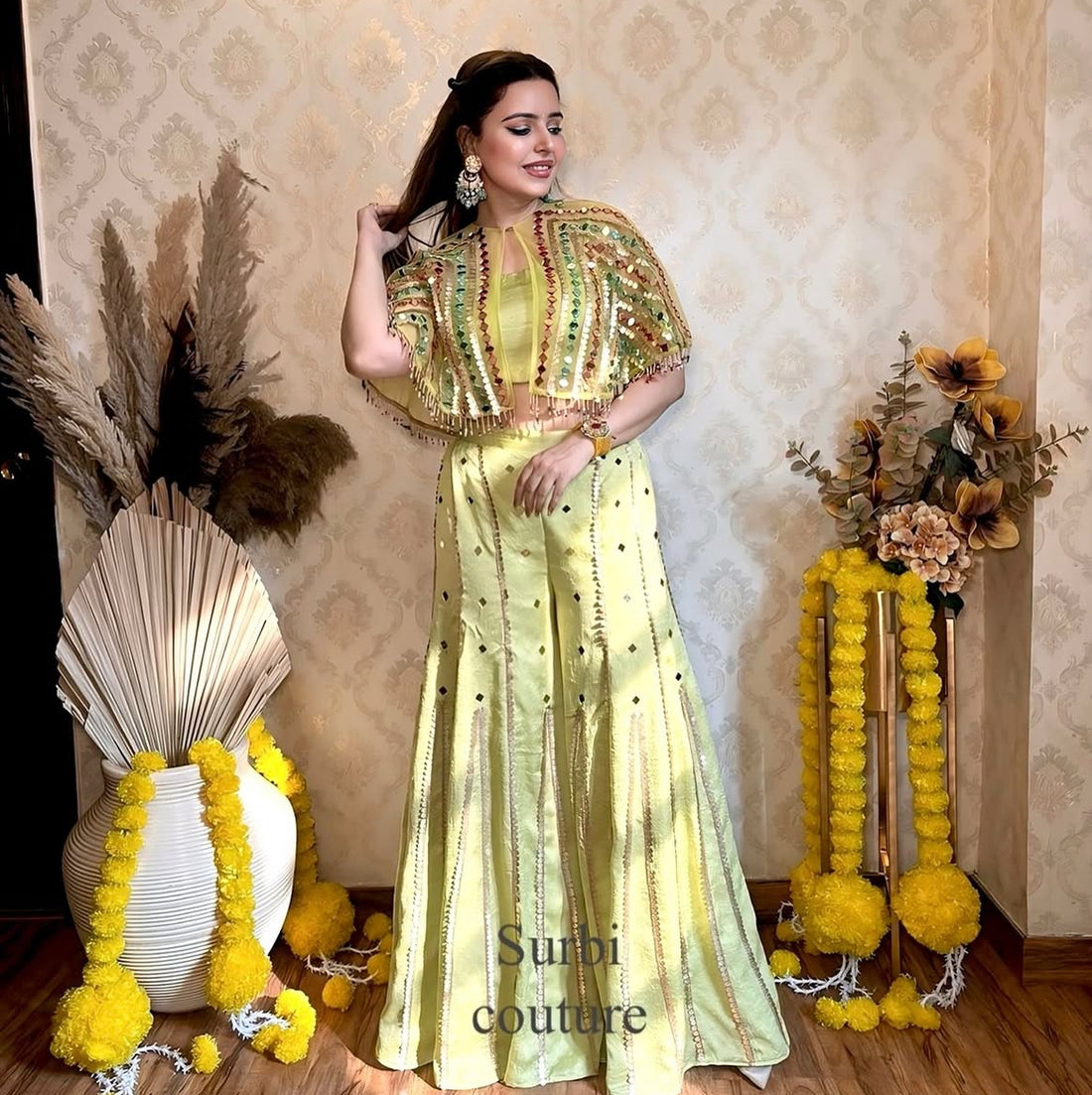 Hand Embroidered Mirror Work Cape And Blouse Paired With Sharara Pants