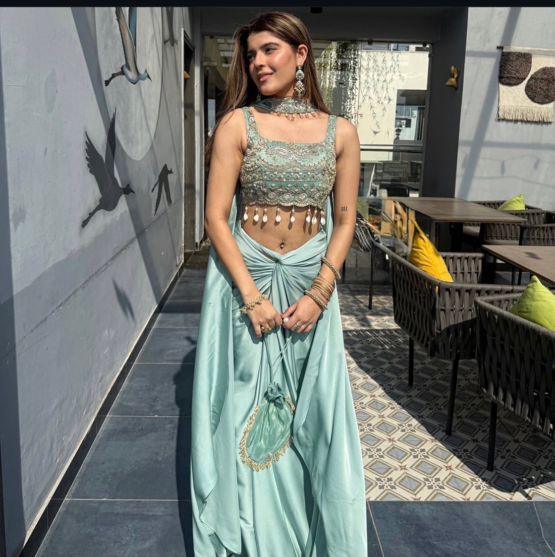 Embroidered Drape Skirt Set