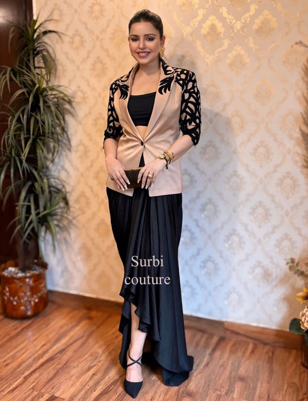 Hand Embroidered Blazer Paired With A Drape Skirt