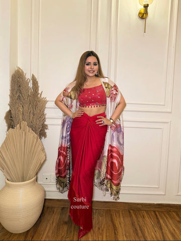 Printed Cape Paired With A Drape Skirt
