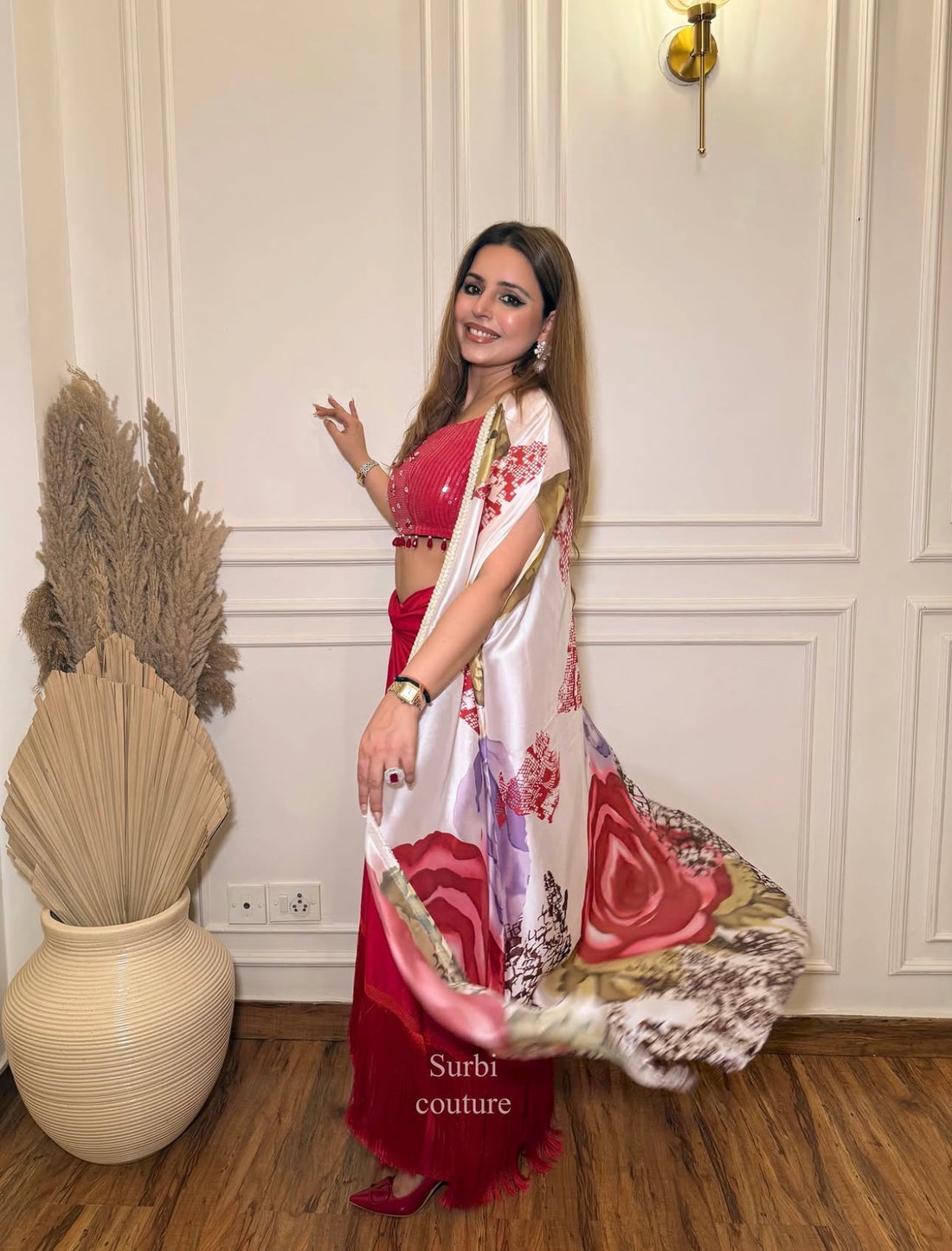 Printed Cape Paired With A Drape Skirt