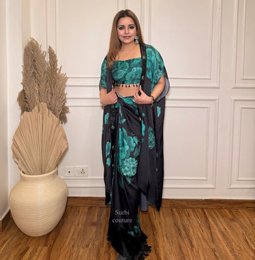 Printed Cape Paired With A Drape Skirt