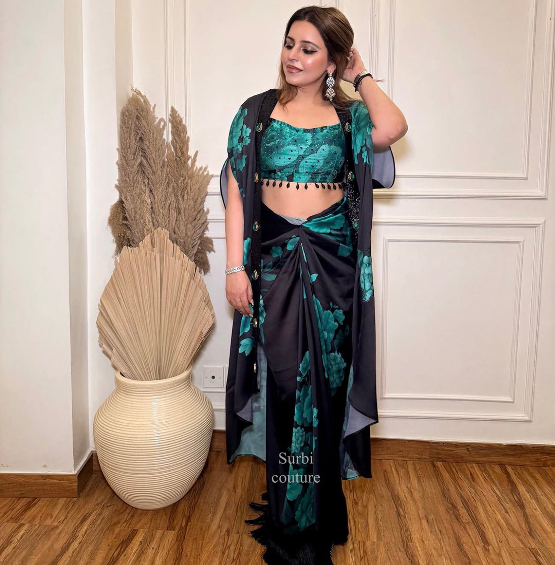 Printed Cape Paired With A Drape Skirt