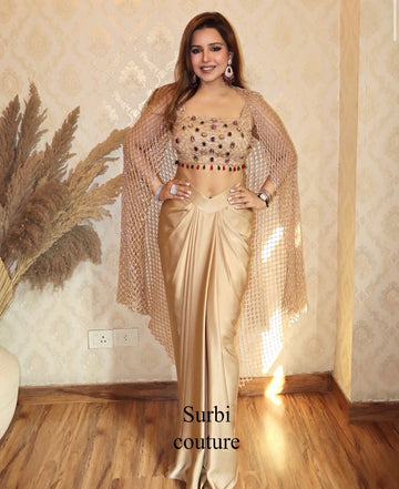 Golden Hand Embroidered Drape Skirt Set