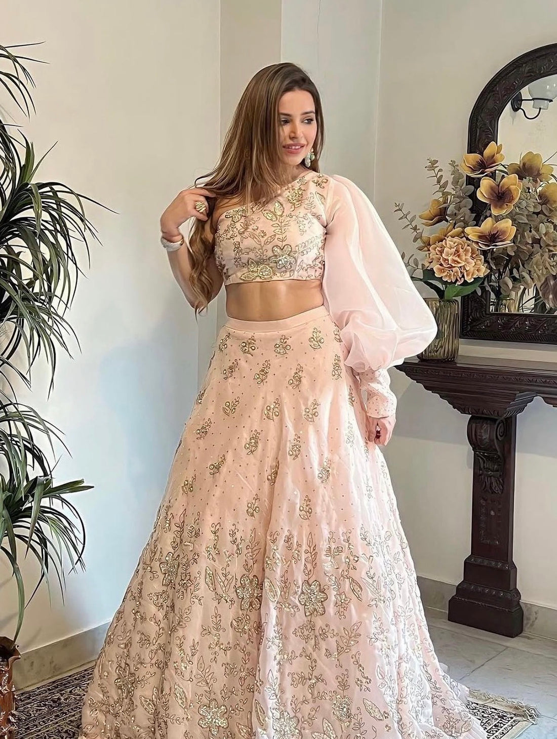 Hand Embroidered Off Shoulder Lehenga