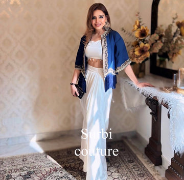 Hand Embroidered Cape Paired with White Blouse and Drape Skirt Set