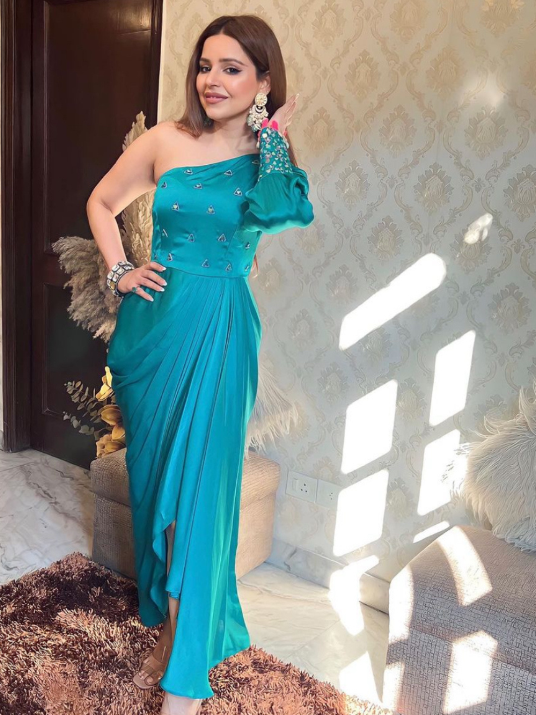 One shoulder drape gown